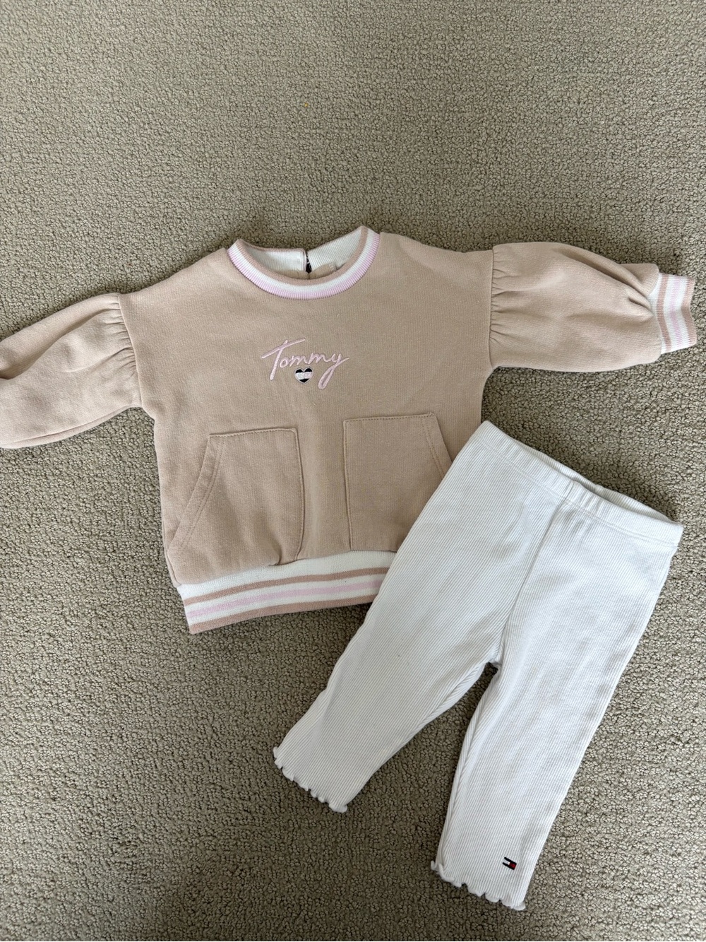 Tommy Hilfiger Brown Sweatshirt and White Ribbed Leggings Set Size 3-6M